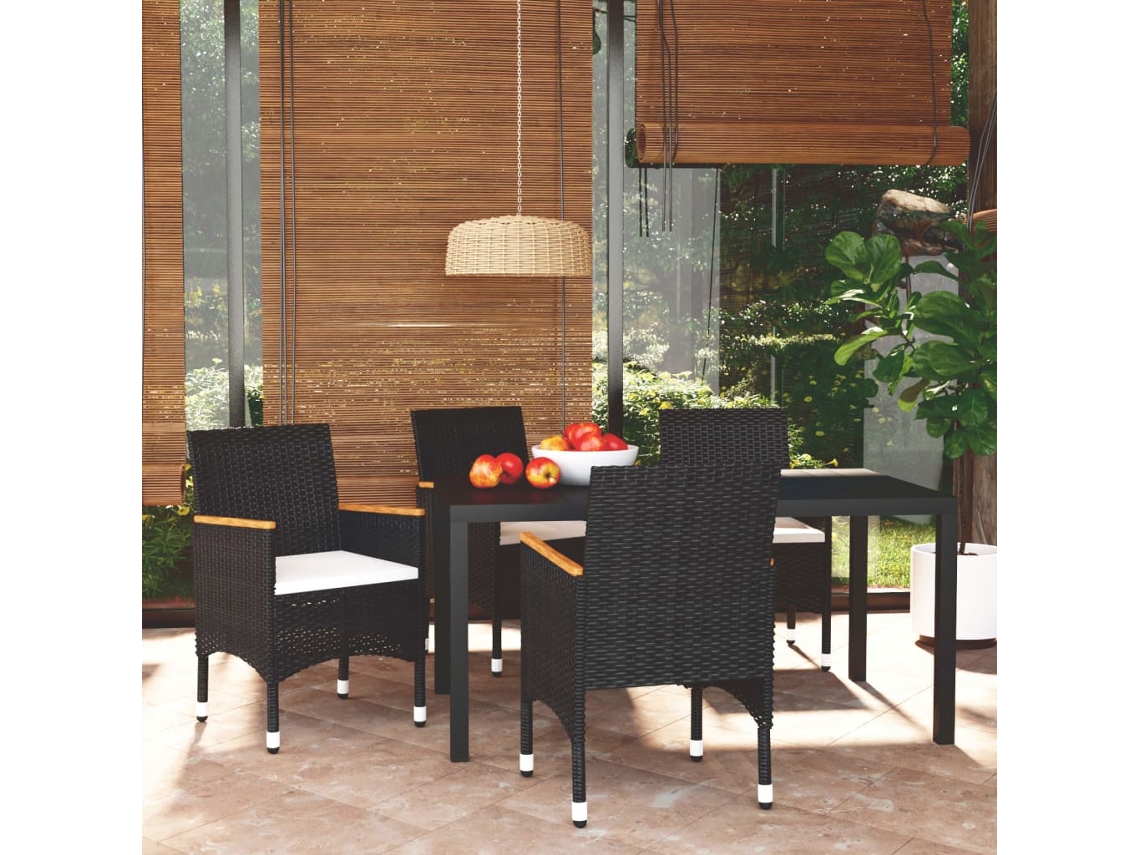 Juego de comedor de jardín de 5 piezas con cojines, mimbre sintético negro, DKD Home Decor