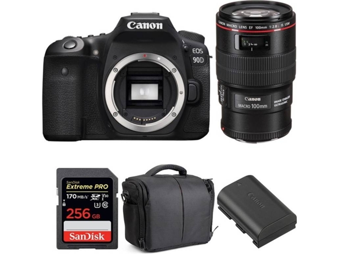Kit Cámara CANON EOS 90D + EF 100mm f/2.8L Macro IS USM + SanDisk 256 GB + Batería + Bolsa (APS-C)