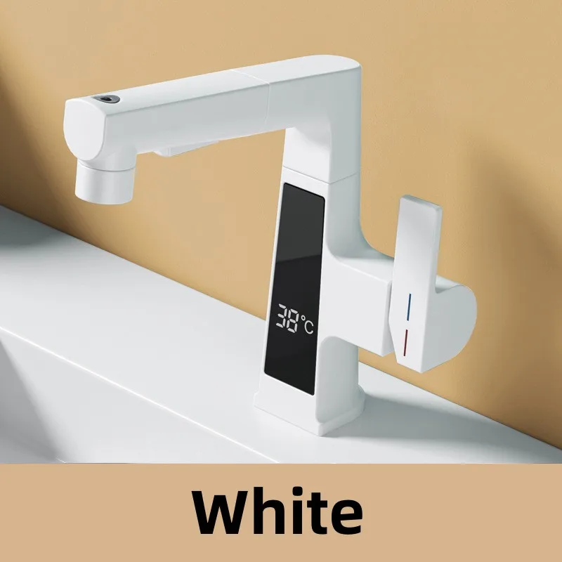 Grifo De Baño Led (blanco), Pantalla Digital Para Agua Fría Y Caliente, Con Sistema De Elevación Extraíble.