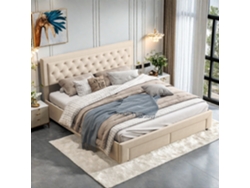 Cama De Terciopelo De 180x200 Cm Con Cabecero Con Tachuelas, Cama Doble Con Almacenamiento Hidráulico Y 2 Cajones, Color Beige.