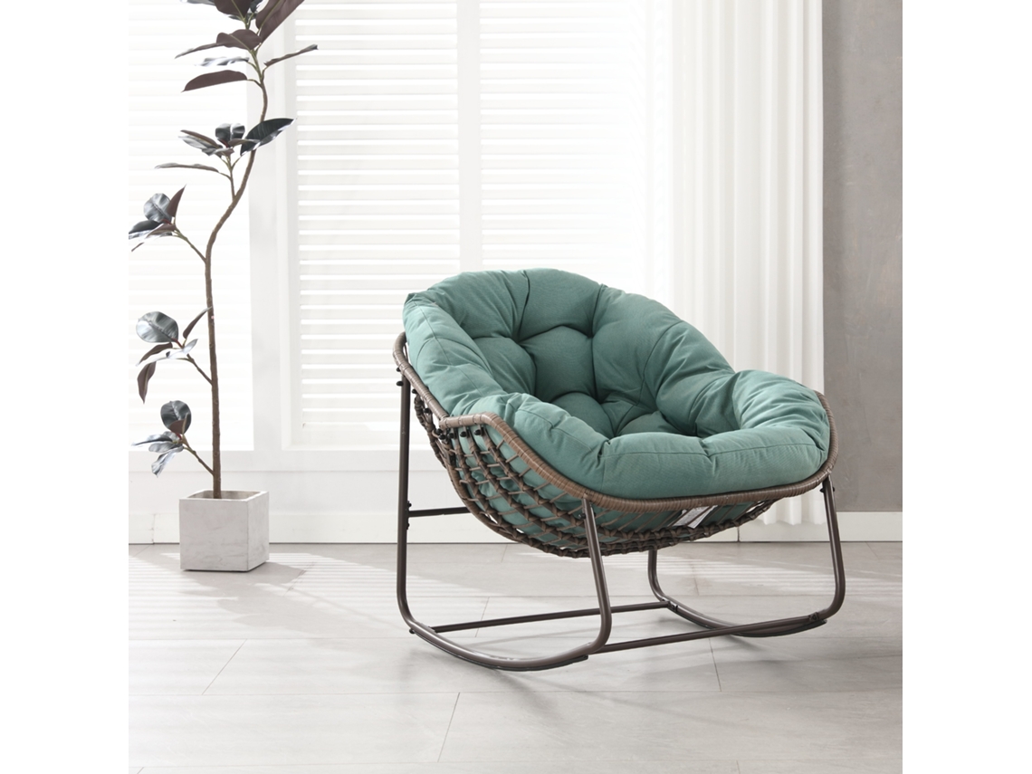 Mecedora de ratán verde claro con forma de huevo, tumbona para interior/exterior, cojín grueso, ideal para balcón y jardín, comodidad y estilo.