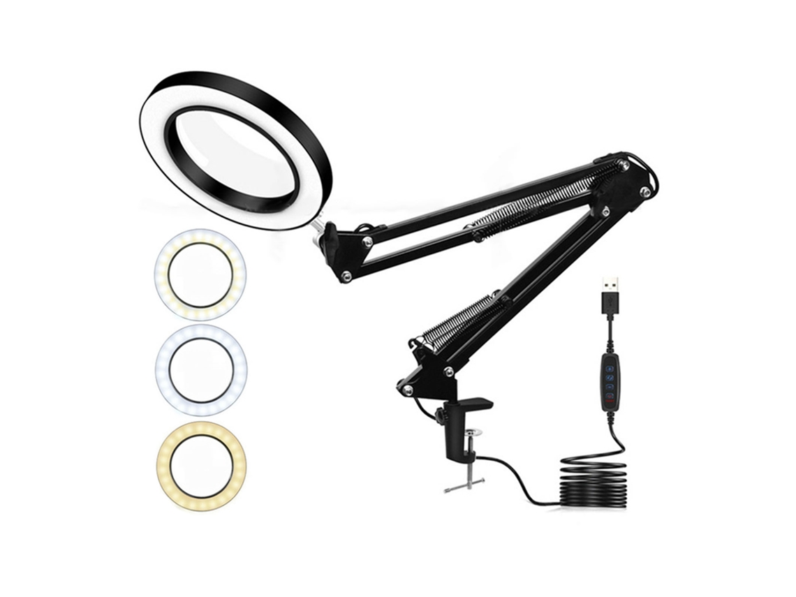 Lámpara De Magnificación Led 10x Con Pinza Para Lectura, 64 Led, 3 Modos De Color, Controlador Usb, 110mm