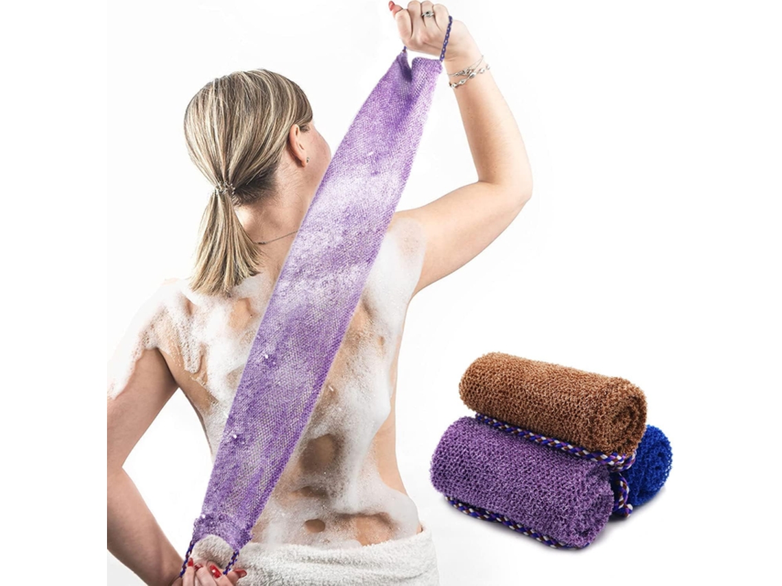 Juego de 3 toallas de baño exfoliantes, toalla para la espalda, 75 x 15 cm, morado/azul/marrón Tommy01