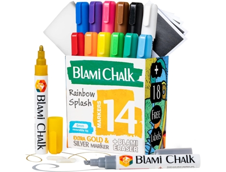 BLAMI ARTS 14 Paquete Rotuladores de Tiza Líquida 18 Etiquetas Tiza Líquida para Pizarra Borrable para Vidrio Metal Plástico Con Puntas