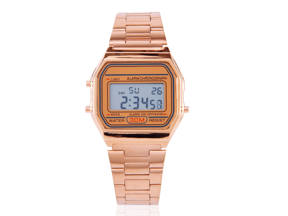Reloj Electrónico Digital Con Retroiluminación, Brazalete De Acero Inoxidable, Forma Rectangular, Acabado En Oro Rosa.