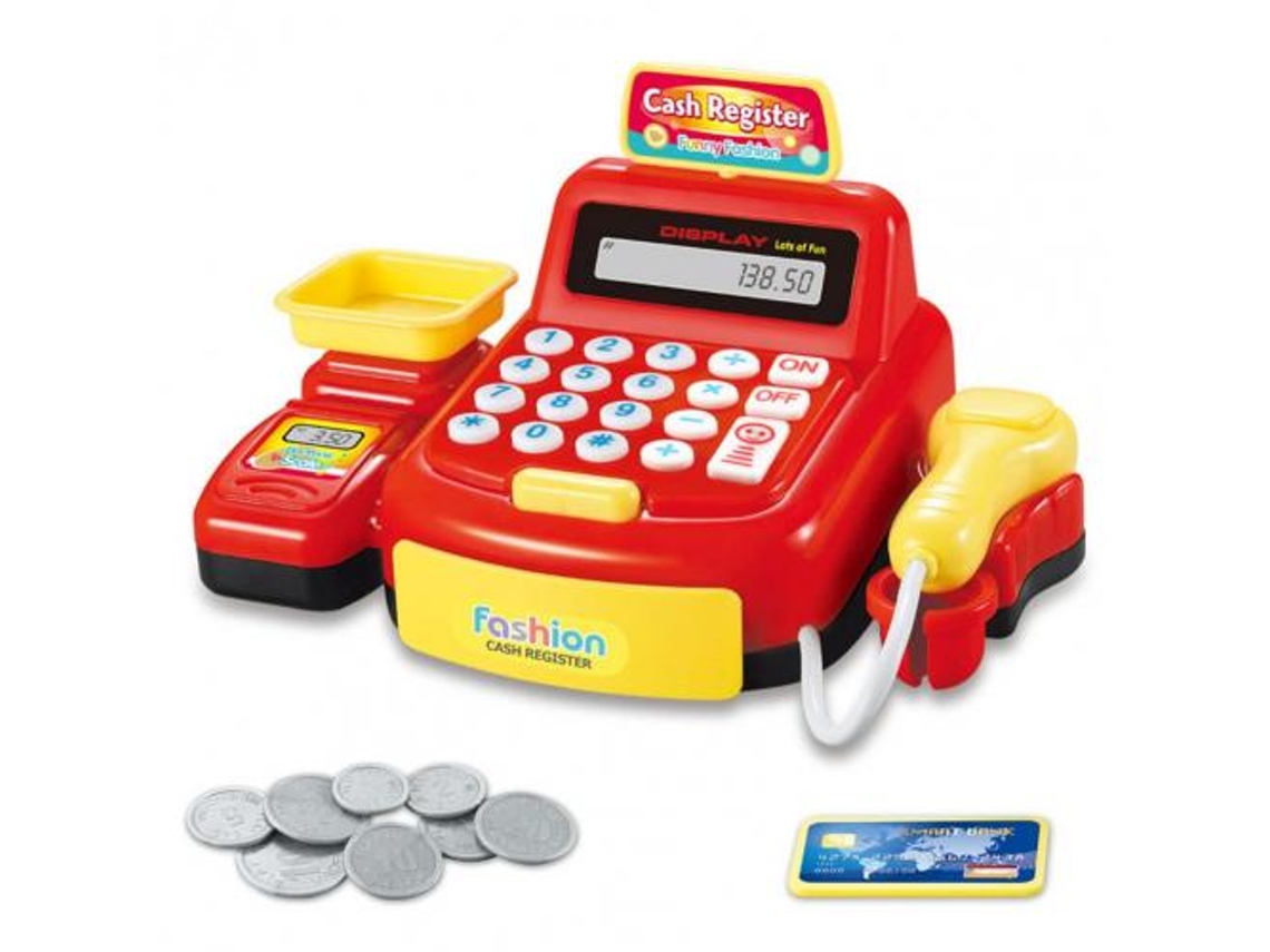 Caja registradora de juguete para niños con calculadora, luces, efectos de sonido y monedas. Mdug (roja)