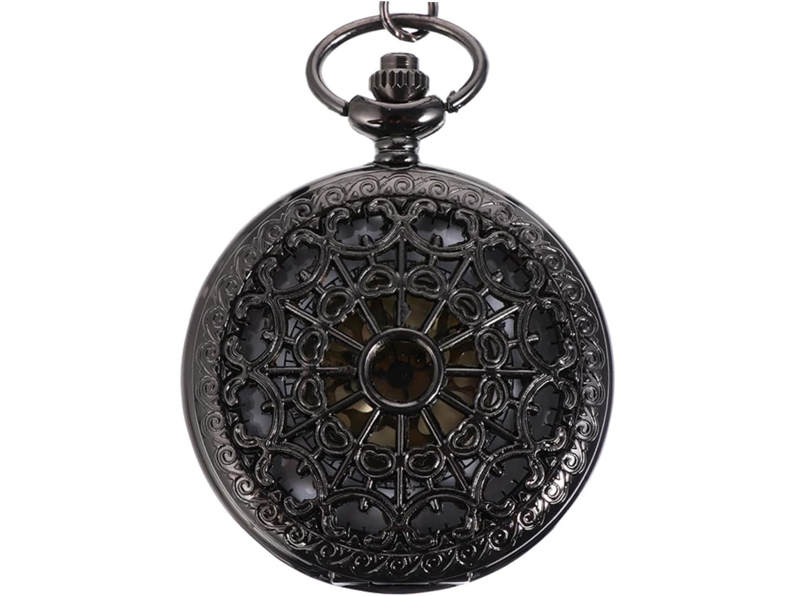 Reloj Bolsillo Aleación Cuarzo Diseño Calado Negro Vintage Cadena Estilo Retro Ideal Cumpleaños Regalo Fina
