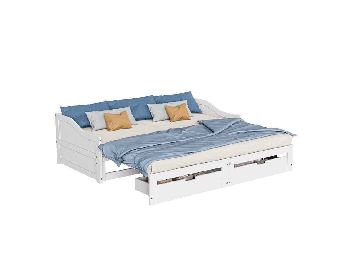 Sofá cama de madera maciza, 90x200 cm, extensible a 180x200 cm, con dos cajones para almacenaje, cómodo para dormir, para salón o dormitorio de invitados.