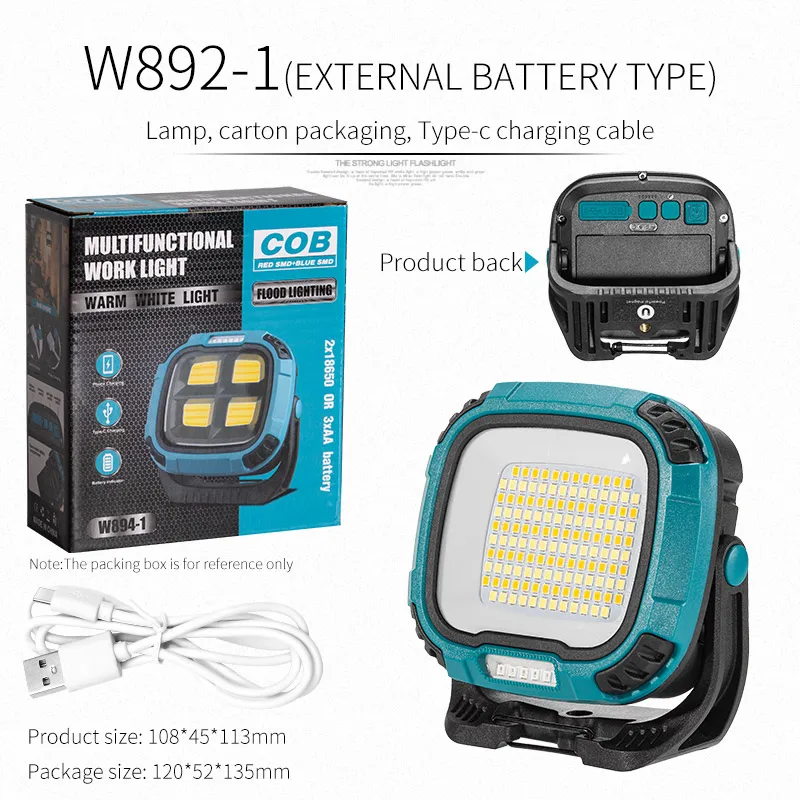 Linterna COB brillante - Recargable por USB - Portátil - Batería externa para exteriores - Camping y pesca - Emergencia - Con gancho