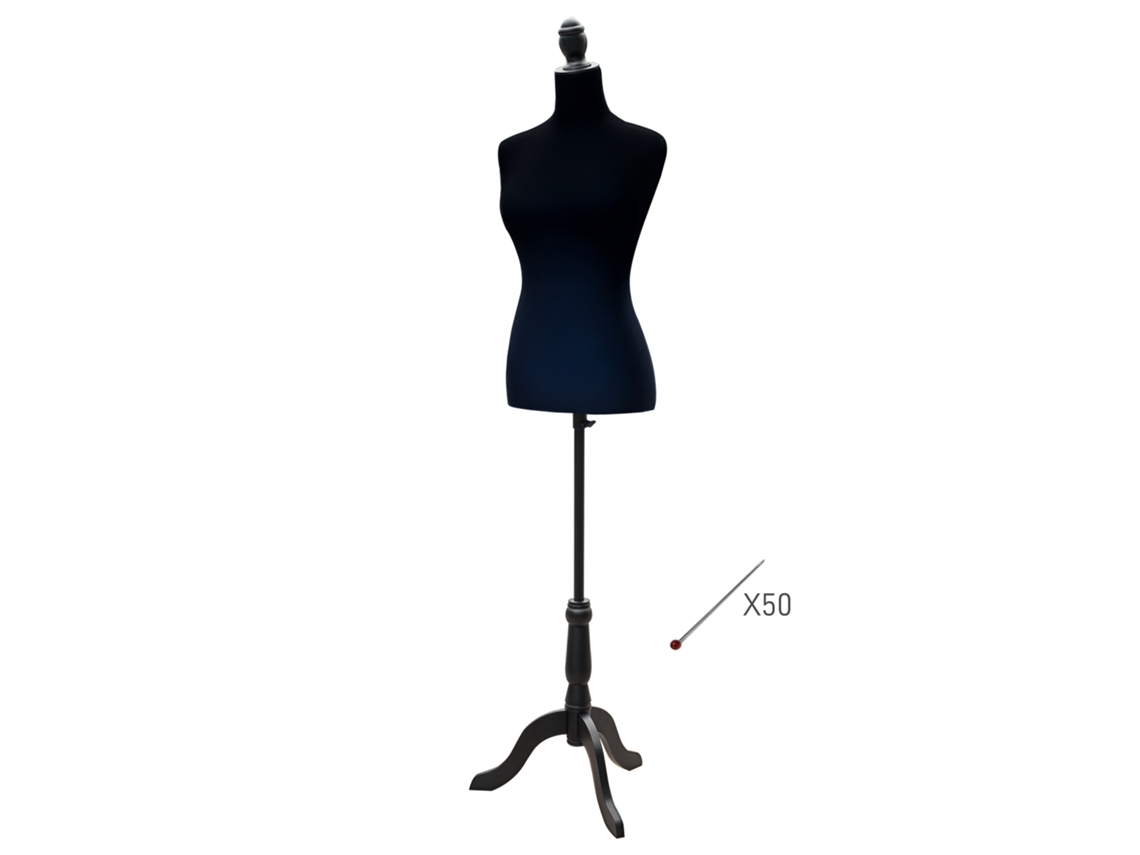 Maniquí de costura ajustable de 130 a 168 cm, trípode de madera negro.