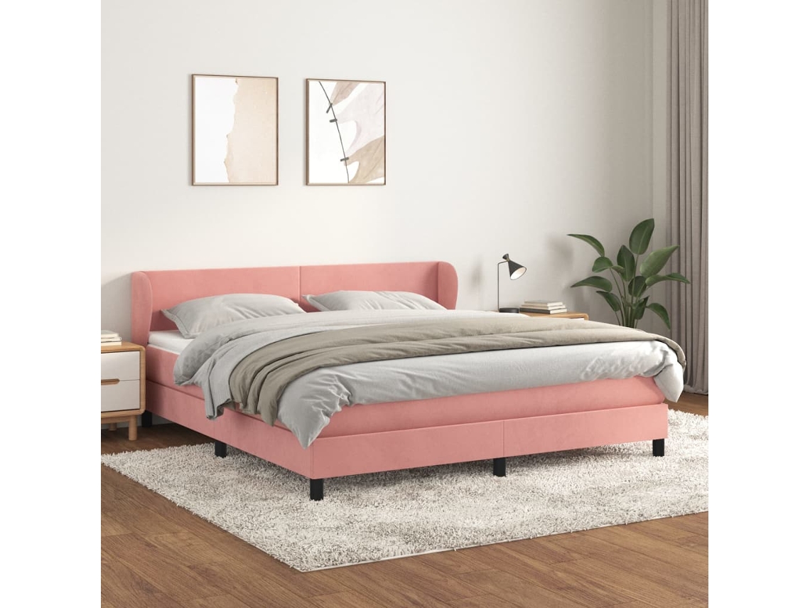 Cama Box Spring Con Colchón Terciopelo Rosa 160x200 Cm