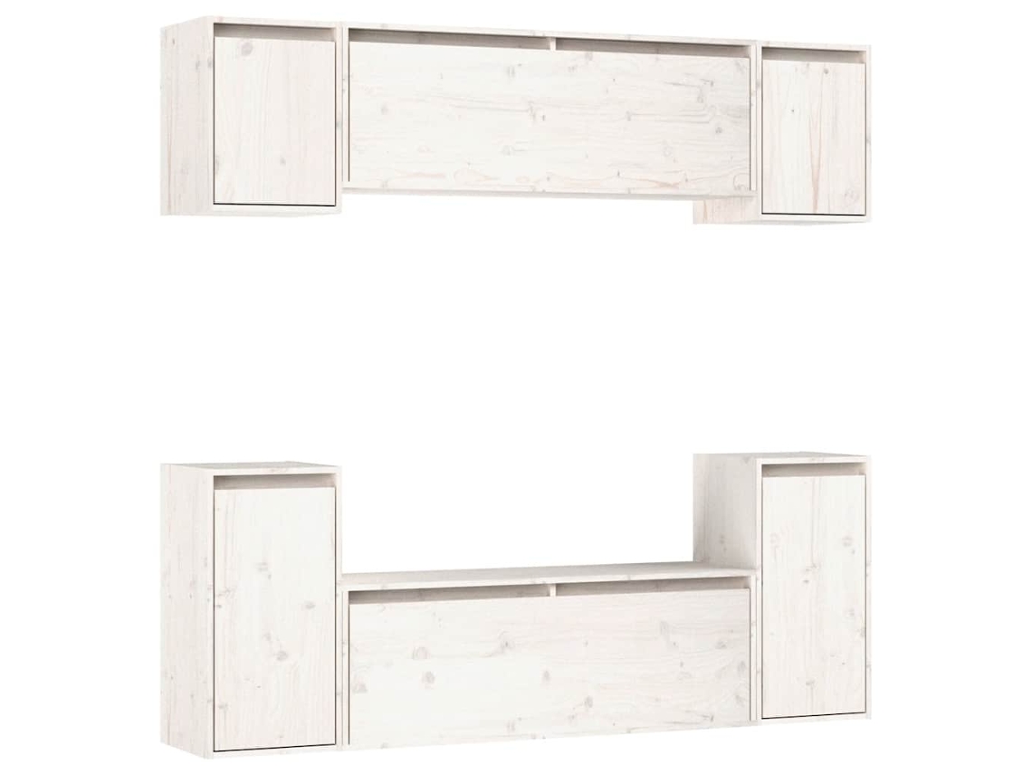 Mueble de TV de 6 piezas, madera maciza de pino, blanco, EXCLUSIVO DE LA CASA