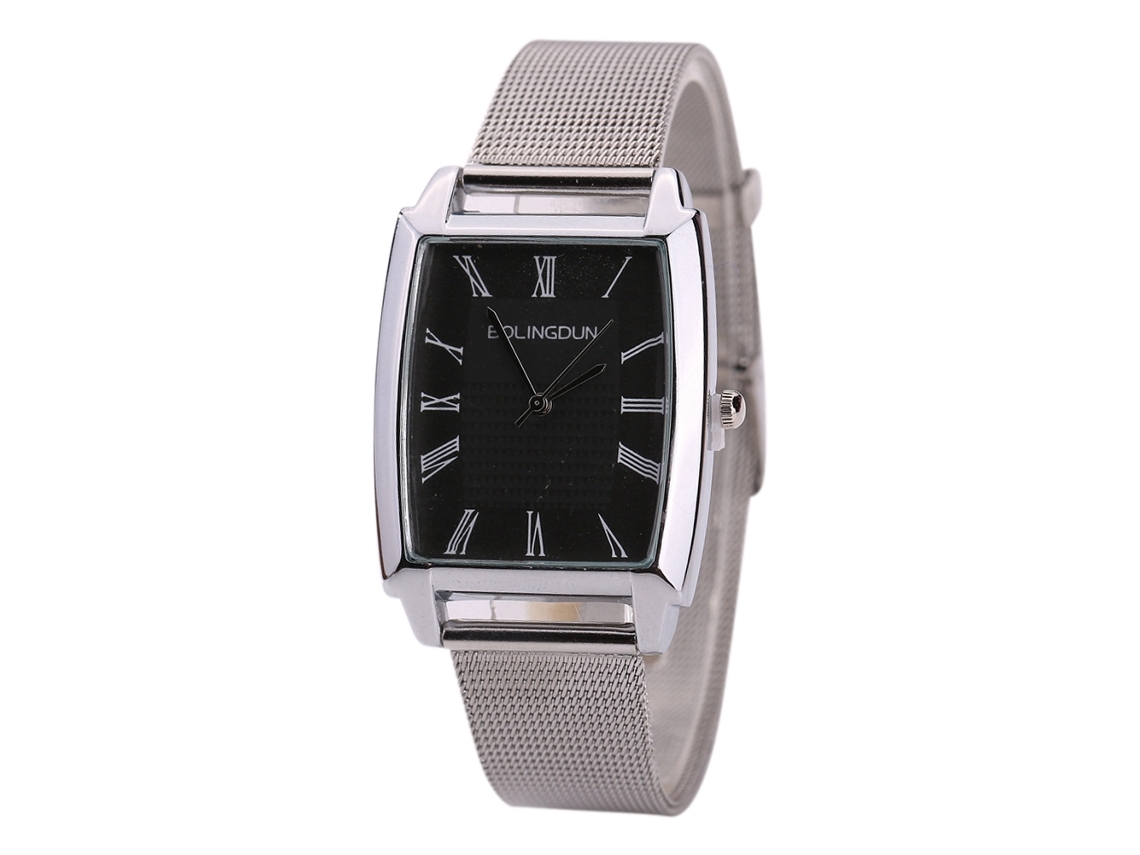 Reloj De Cuarzo Con Correa De Malla Para Hombre Y Mujer Dial Cuadrado Numerales Romanos Plata Negro
