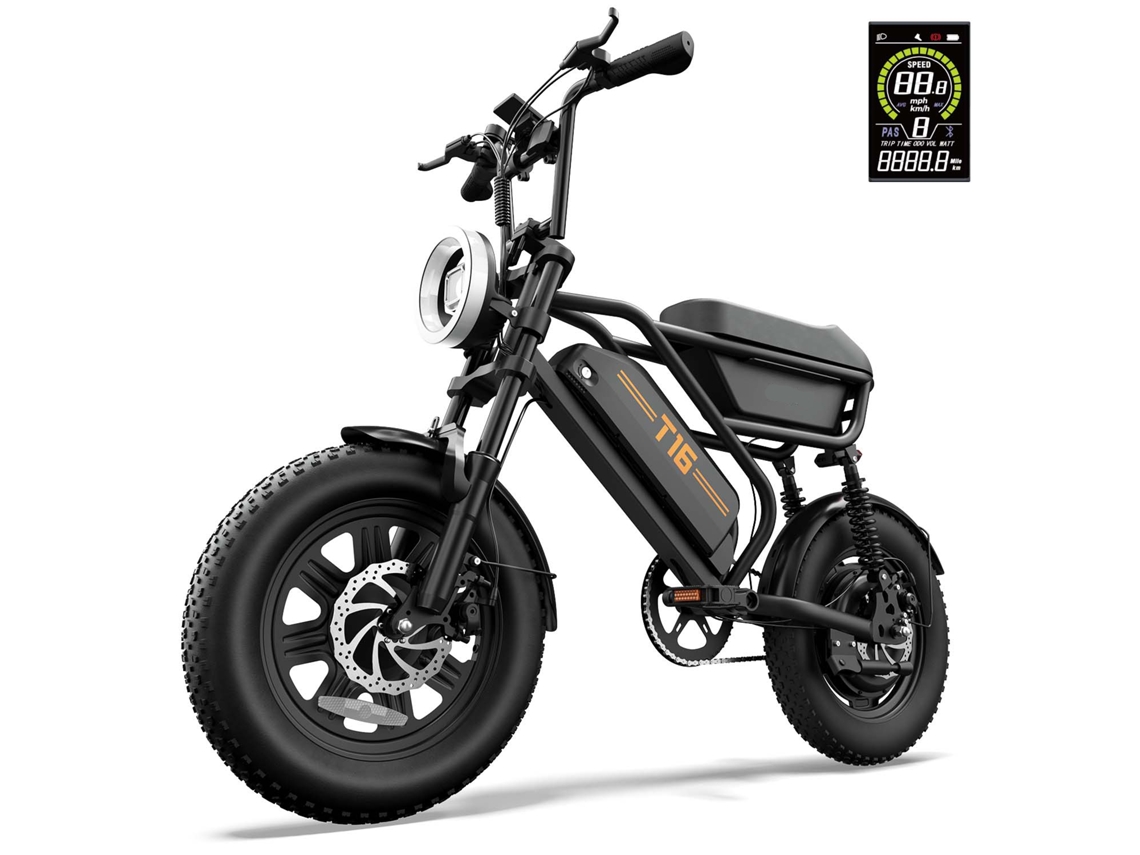 Bicicleta eléctrica Urlife T16 con batería de 48v 13ah, suspensión total y amplio compartimento de almacenamiento.