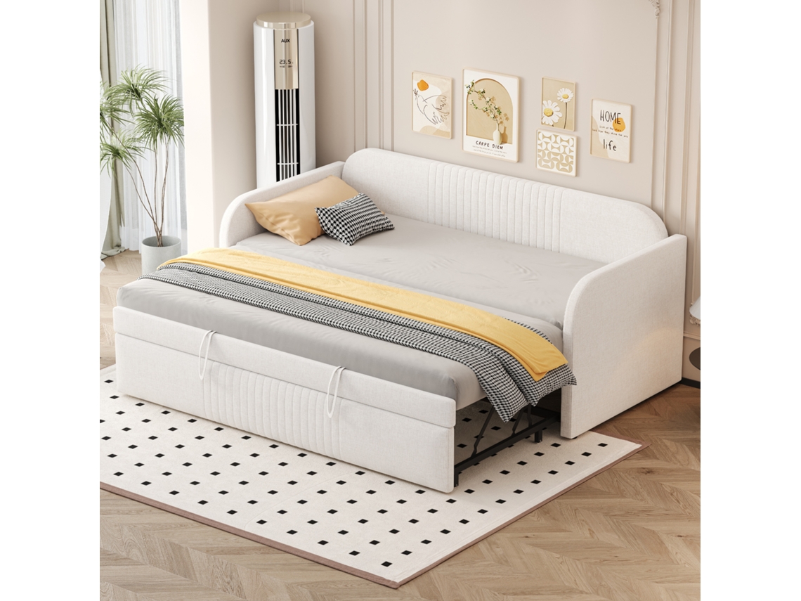 Sofá cama extensible 90/180/190 cm con rayas verticales, con somier de láminas, multifuncional beige Mobrio