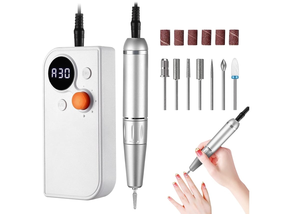 Taladro de uñas eléctrico portátil Yunzii, lima de uñas eléctrica recargable con 6 brocas, herramienta de manicura y pedicura, color blanco.