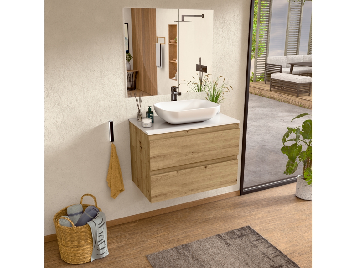 Mueble de lavabo con lavabo de cerámica y espejo, mueble de lavabo con 2 cajones, de 80 x 55 x 46 cm, acabado roble y encimera Bellobath en color blanco.