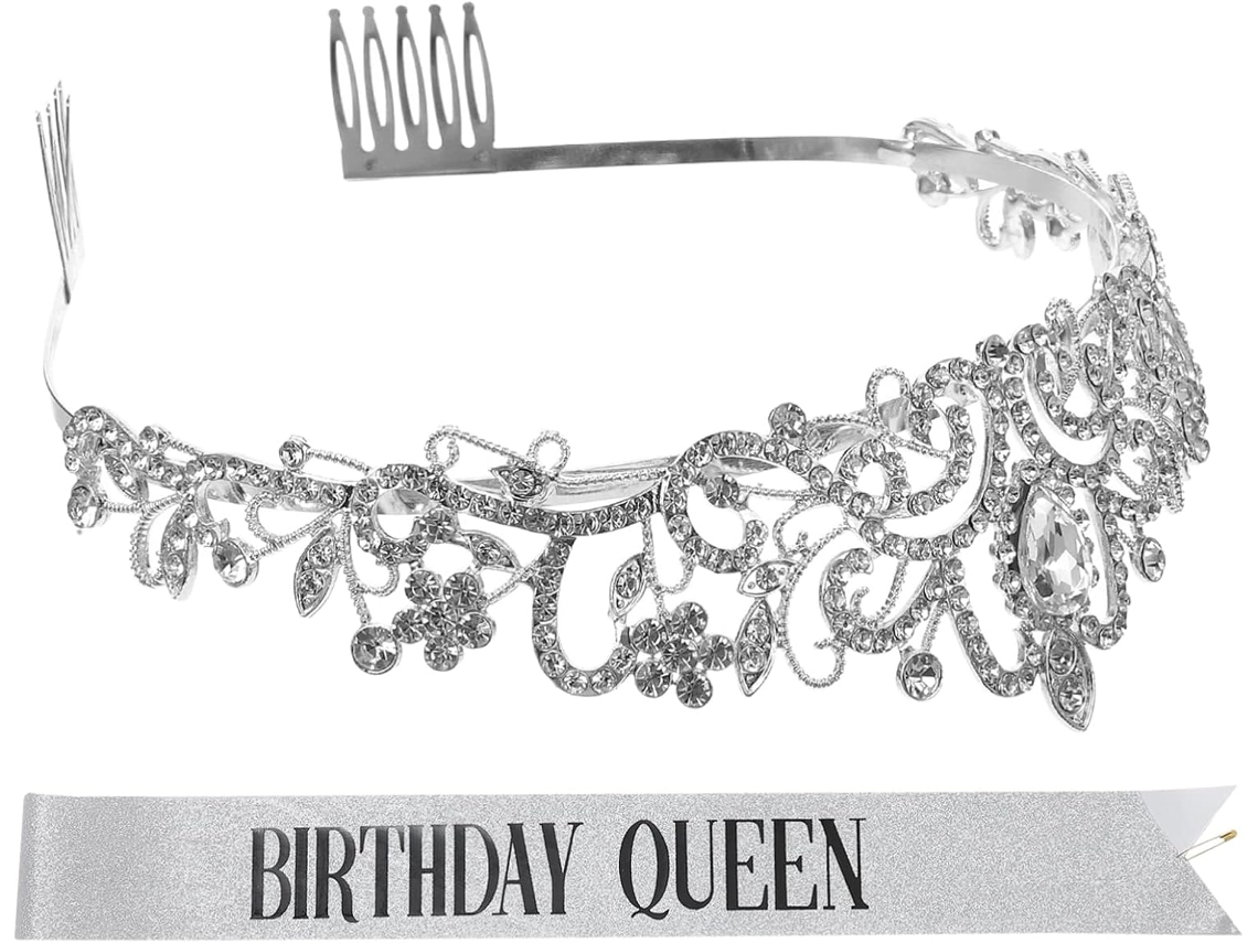 Tiara De Diamantes De Imitación Con Fajín, Corona De Fiesta Para Cumpleaños Y Decoraciones Plateadas.