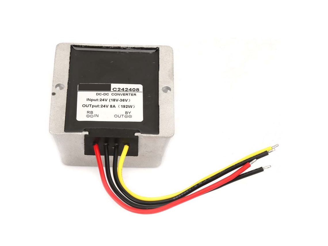 Módulo convertidor regulador de voltaje con función elevadora/reductora automática de 18-36 V a 24 V (8 A).