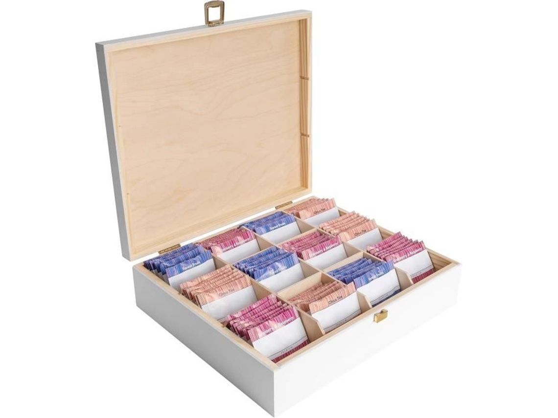 CREATIVE DECO Caja de té de madera blanca 29 x 25 x 7,5 cm 12 compartimentos divisores extraíbles