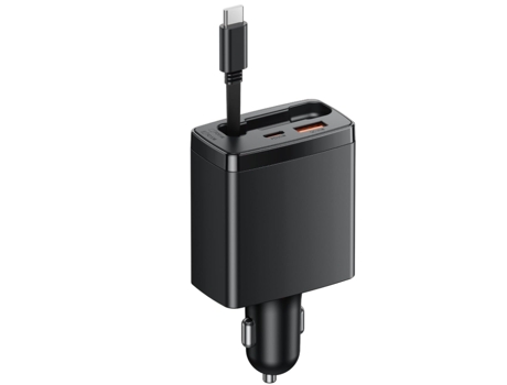 Cargador de coche retráctil con 125 W, cargador rápido de coche 3 en 1 para iPhone, cables retráctiles USB C (35 pulgadas) y 2 puertos de carga CHR...