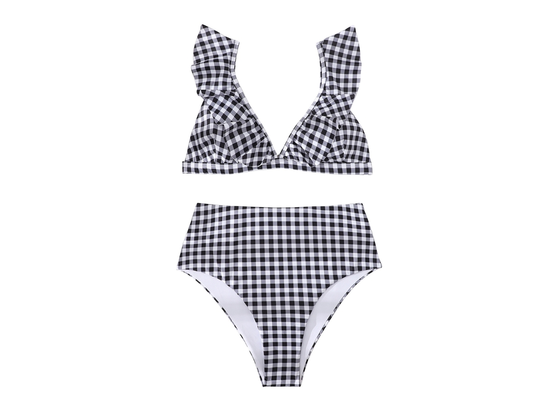 Traje de baño bikini de dos piezas con volantes, estampado a cuadros, escote en V, sin mangas.