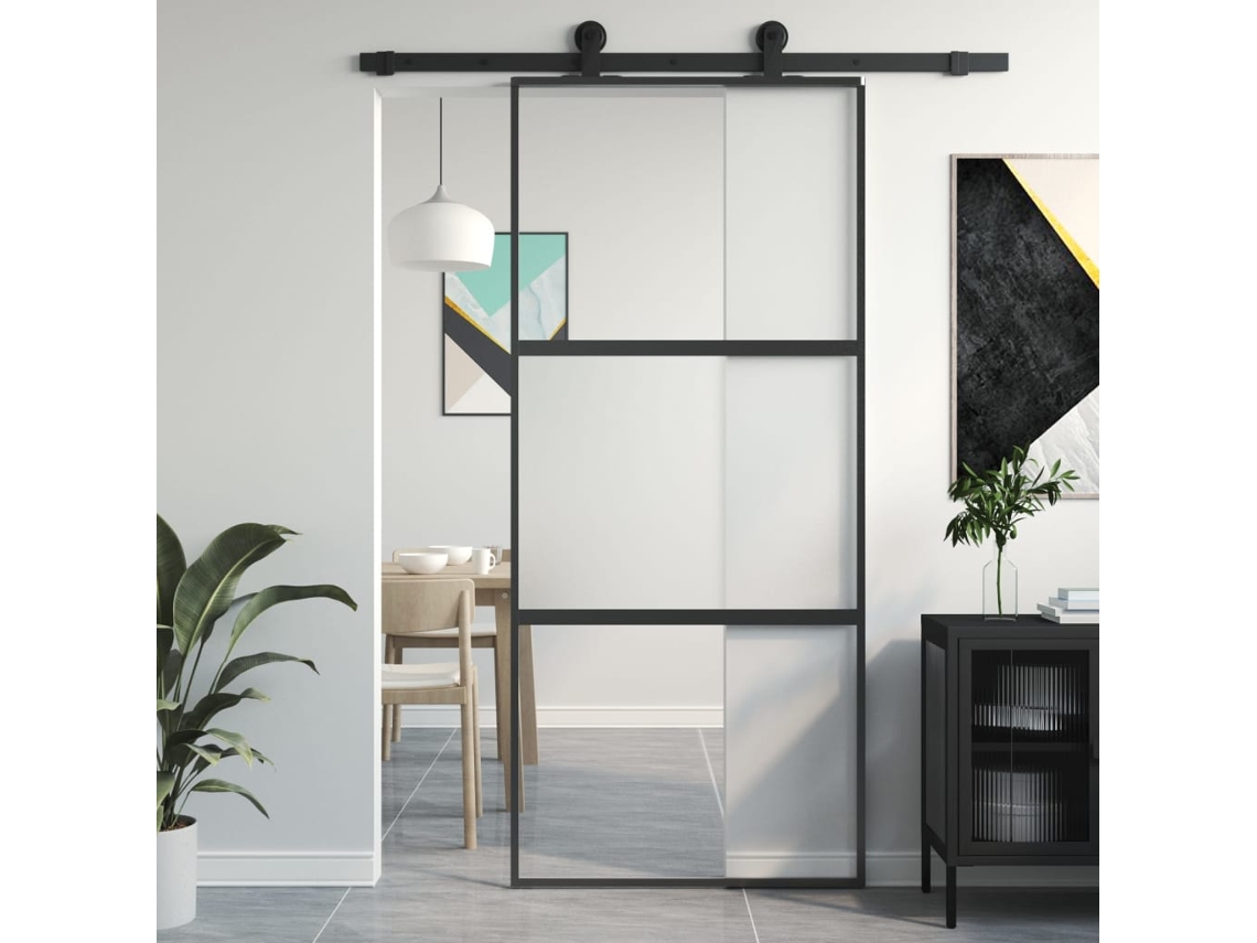 Puerta Corredera Vidrio Templado Y Aluminio Negra 90x205 Cm