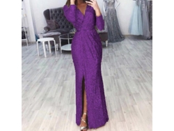 2026-13055-vestido Largo De Secuoyas Con Escote V Profundo Y Entrecortes Manga Larga Para Fiesta De Noche Mujer M Morado
