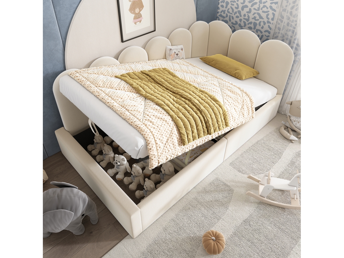 Cama De 90x200 Cm Con Canapé Y Sistema De Almacenaje Hidráulico, Diseño Con Barrotes, Somier De Láminas Metálicas Incluido, Sin Colchón, Color Beige.