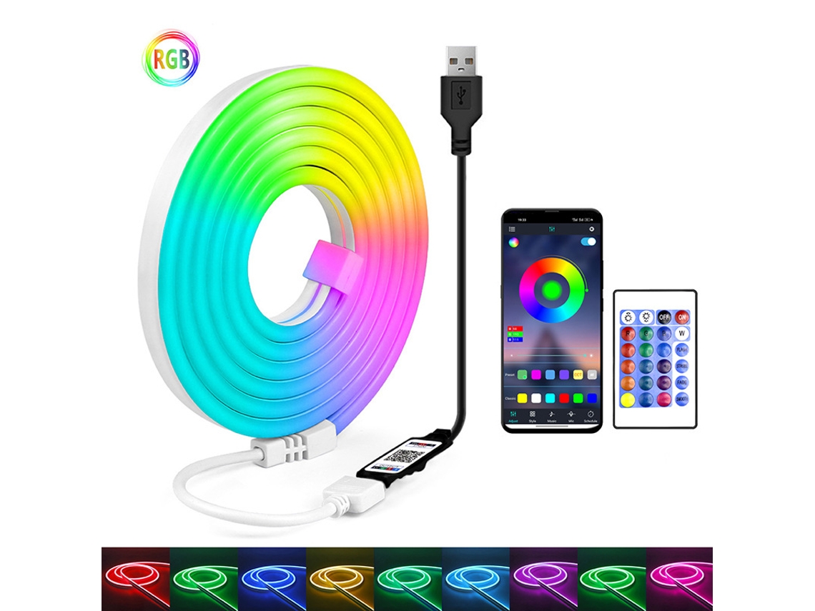 Tira de LED, USB Bluetooth, silicona flexible, RGB, luz de neón con control remoto infrarrojo de 24 teclas Gertiz (1 m)