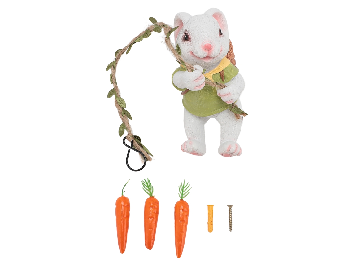 Estatua de conejo con zanahoria artificial para jardín blanco.
