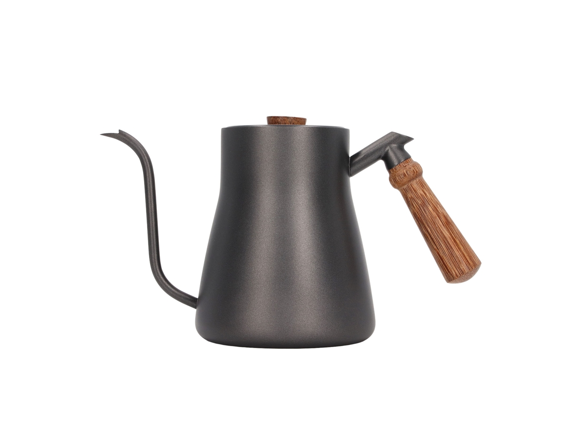 Cafetera de acero inoxidable de 850 ml con pico fino y mango de madera para el hogar y la cafetería.