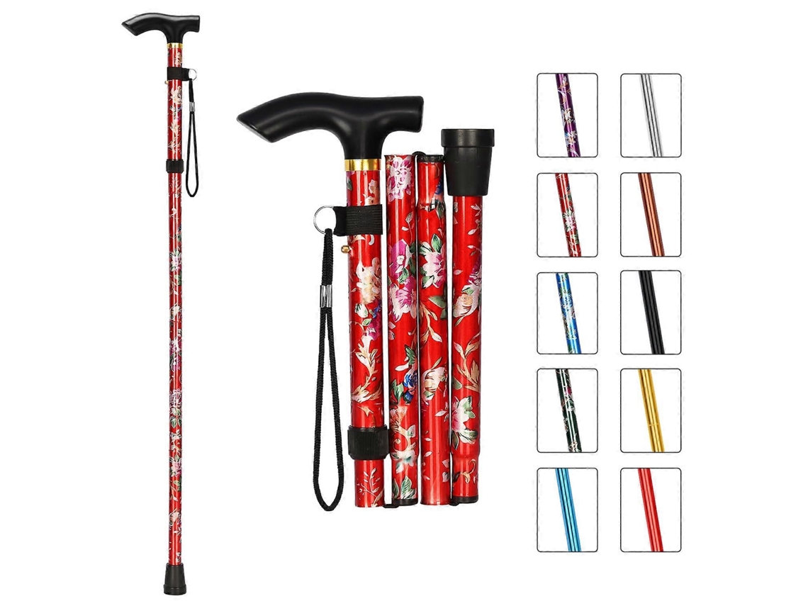 Bastón plegable con 5 niveles de altura ajustables, con empuñadura TE y correa para la muñeca, estampado floral rojo, para hombres y mujeres.