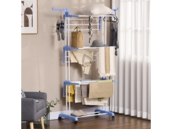 Perchero de pie en forma de torre, 73 x 64 x 177 cm, extensible con ruedas, 4 niveles, para uso interior y exterior, fabricado en acero, color azul.