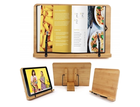 Soporte atril caballete Plegable de bambú para Libro - 2X Clip metálico para apoyar de pie en la Mesa o Cama