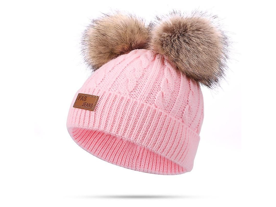 Gorro De Lana De Invierno Para Bebé Con Dos Pompones Trenzados, Rosa, Unisex, Cómodo.