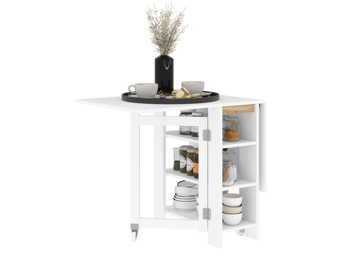 Mesa De Cocina Plegable Con Extensiones, Ruedas Y Estantes, Color Blanco, 120x60x75