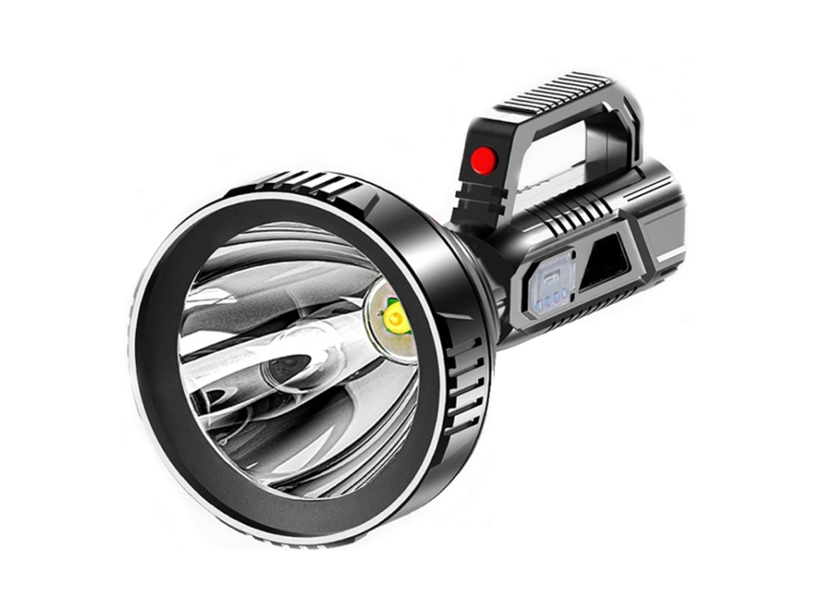 Linterna portátil de alta potencia con foco recargable por USB para uso en exteriores.