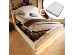 Cama Polsterbett 140x200 - Con Almacenamiento Hidráulico, Led Y Usb-c - Beige