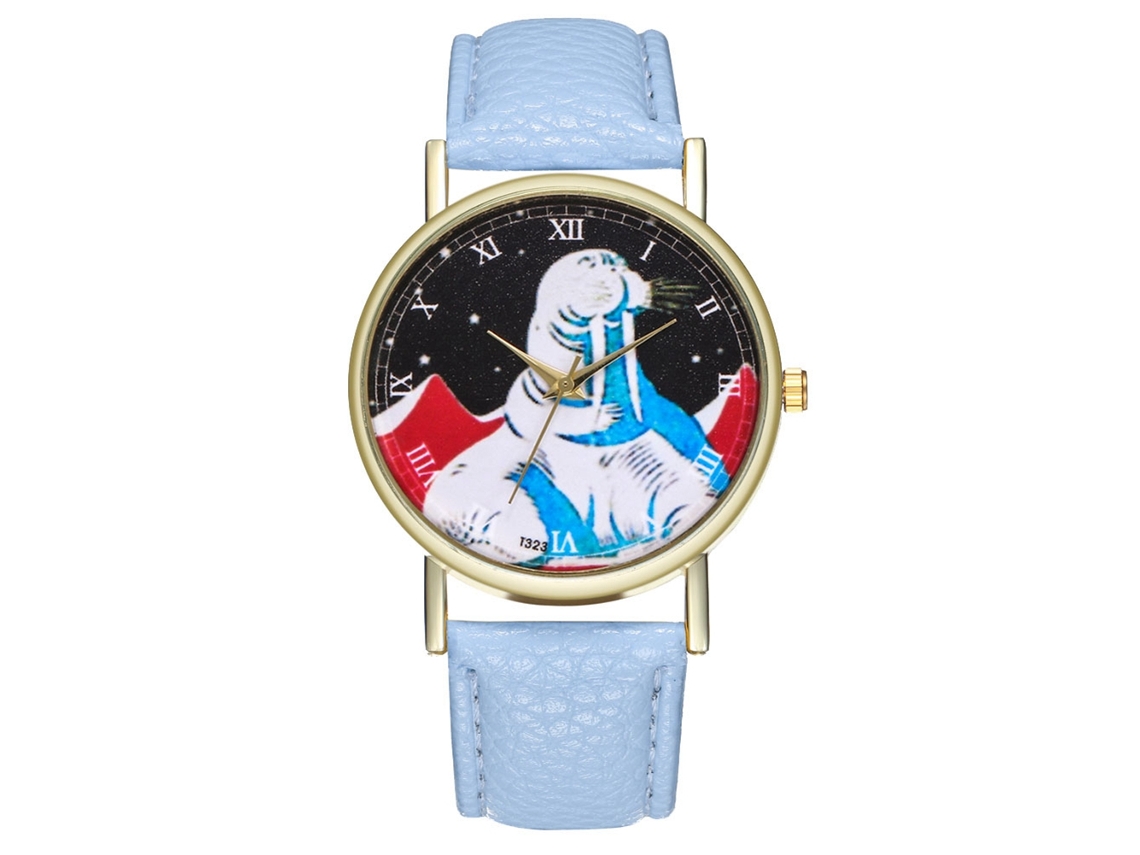 Reloj De Cuarzo Con Correa De Cuero Pu Fashion Dial Redondo Unisex (azul Claro)