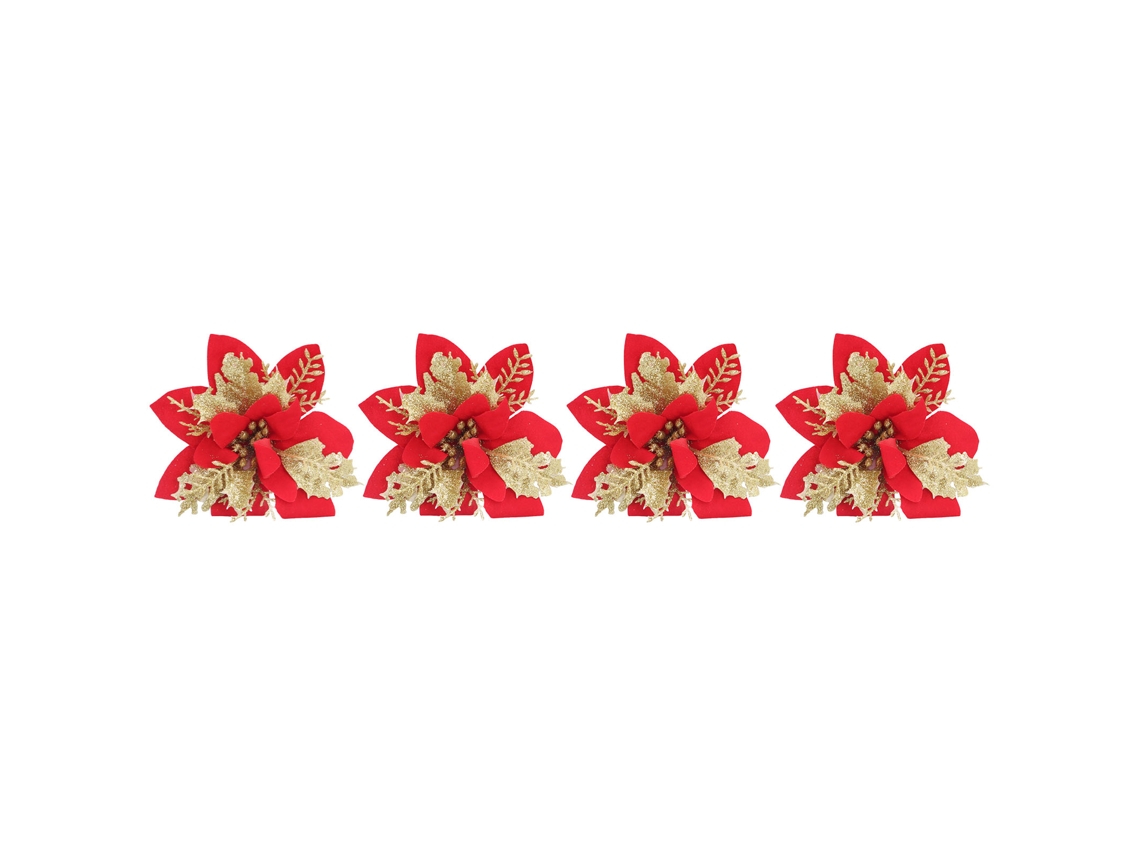 4pcs Flores De Natal Artificiais Poinsettia Vermelho Dourado Com Glitter Pó Para Decorar Árvore De Natal