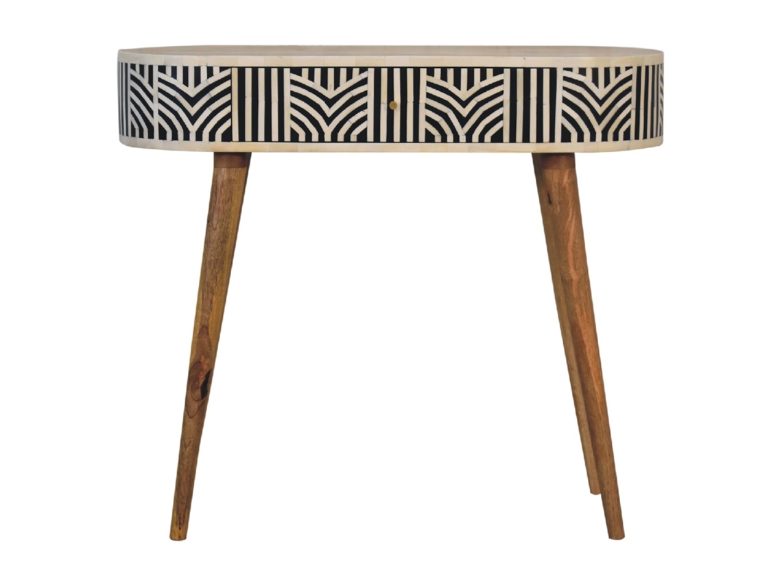 Consola Edessa de madera maciza con incrustaciones de hueso, 1 cajón, muebles artesanales en blanco y negro