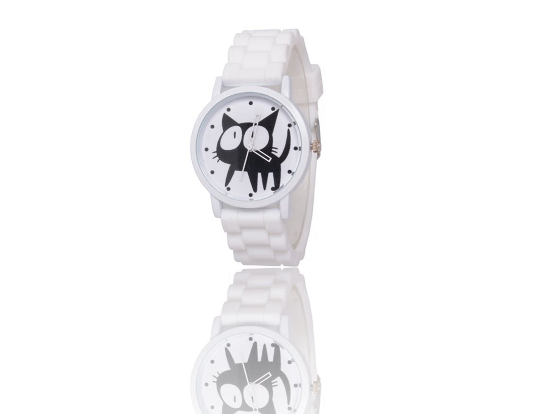 Reloj De Pulsera De Cuarzo Con Correa De Silicona Gato Ojos Grandes Bonito Dial Redondo (blanco)