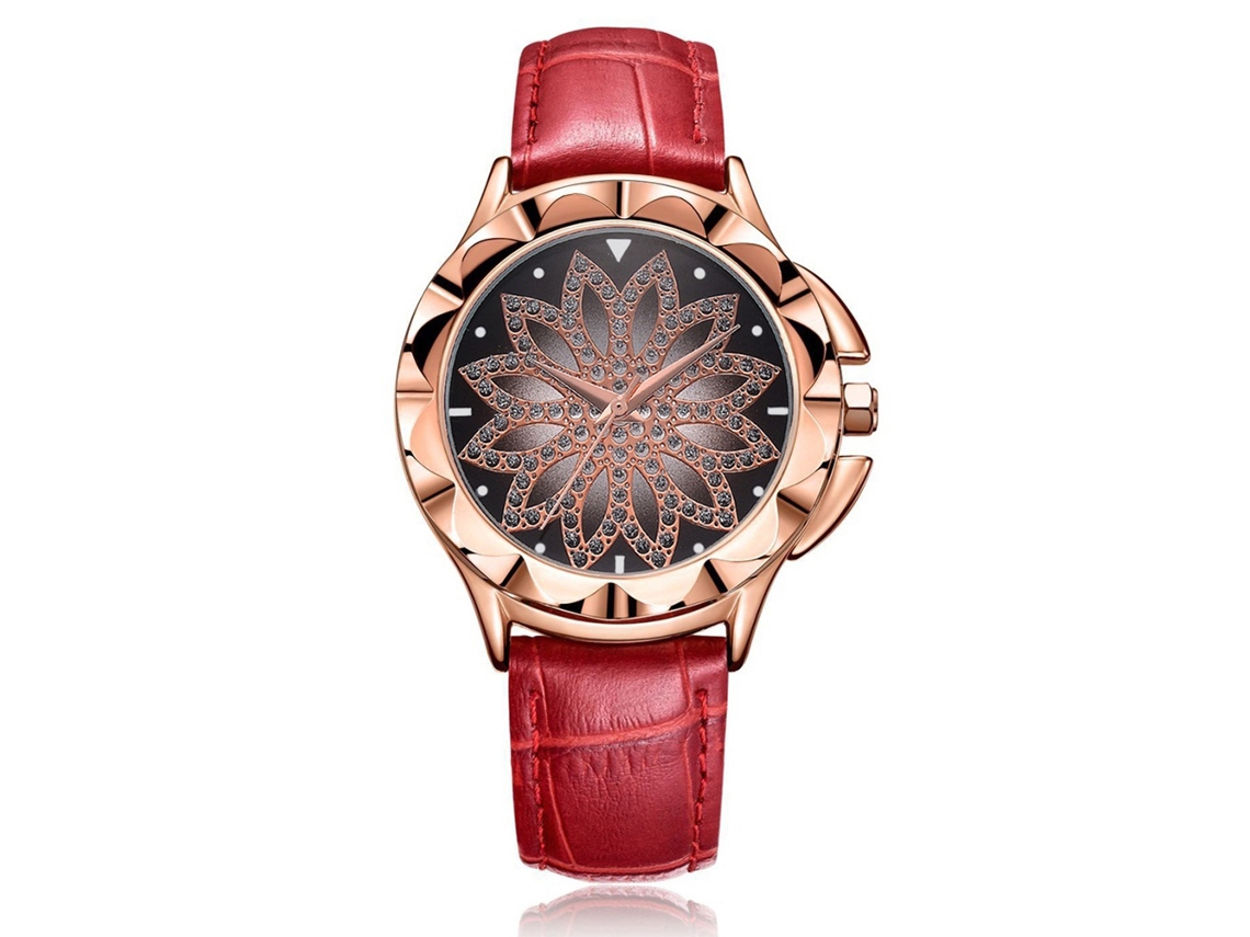 Reloj De Pulsera Floral Para Mujer Con Pedrería, Correa De Cuero Y Movimiento De Cuarzo.