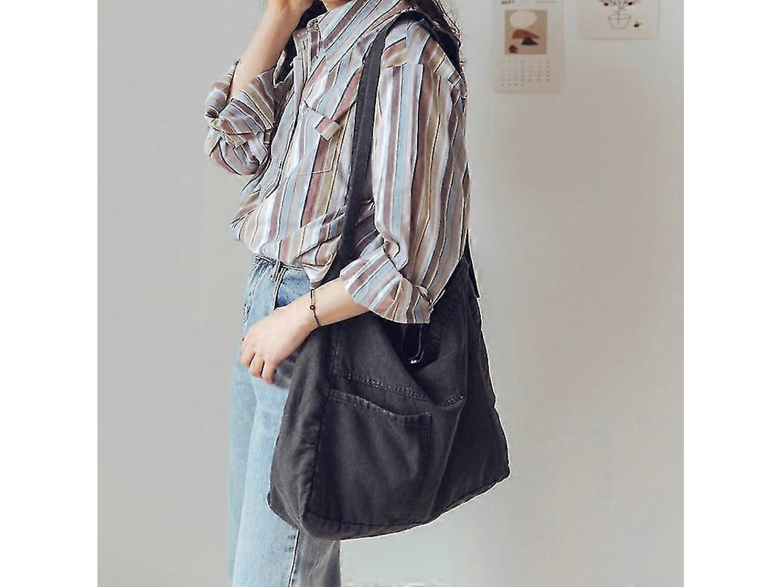 Bolso de hombro informal de lona Wabjtam Denim de gran capacidad para mujer, 1 pieza, color negro Lalamoli