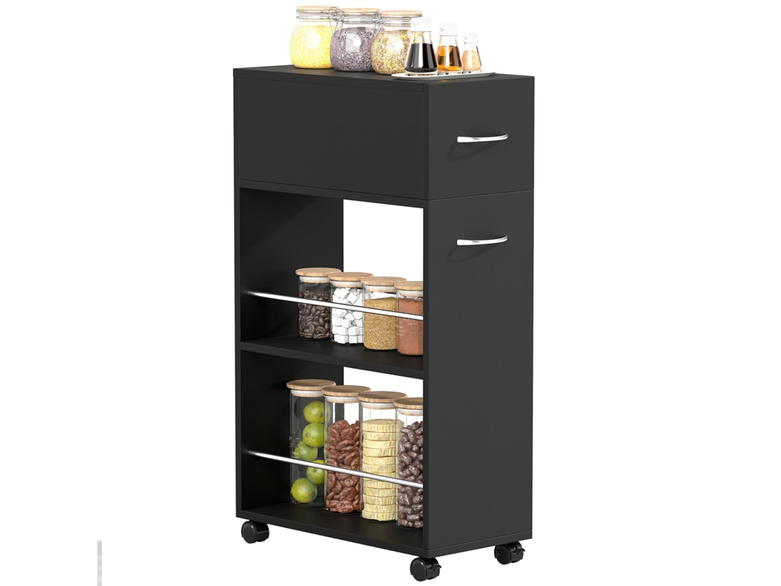Carrito de cocina con ruedas, 1 cajón y 2 estantes abiertos para comedor, 25 x 50 x 85 cm, negro.