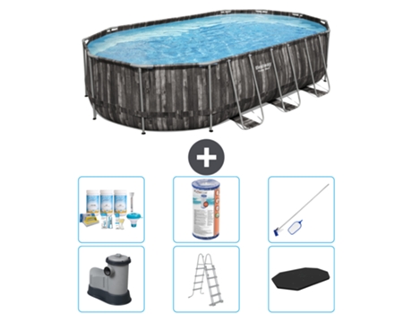 Piscina BESTWAY Oval Power Steel - 610 x 366 x 122 - Gris - Incluye bomba - Escalera - Cobertor Paquete de mantenimiento - Filtrar - kit de limpieza