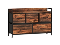 Cómoda con 5 cajones de tela, cómoda de estilo industrial con estructura metálica para dormitorio, 98x29x63 cm, marrón rústico.
