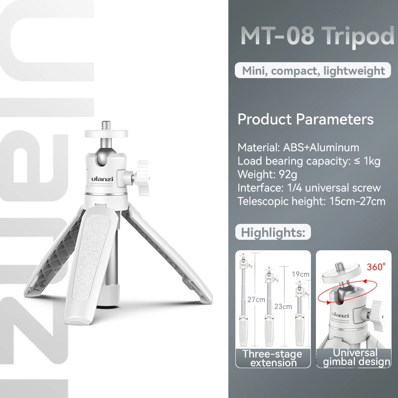 Mini trípode MT-08 Solo para teléfonos móviles y DSLR, compatible con Sony ZV1 y Canon M50, zapata fría, para luz LED y micrófono, blanco