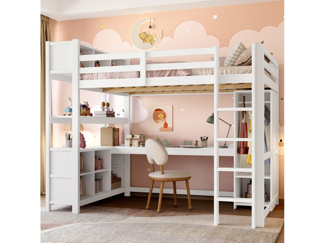 Cama Alta De 140x200 Con Estantes De Almacenamiento, Escritorio Y Armario Blancos.